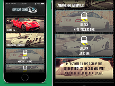 iOS App Menu Design app car ferrari flat green ios iphone6 lamborghini modern sounds super cars