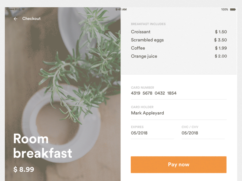 Credit card checkout #02 Daily UI app checkout credit card dailyui food hotel ipad price