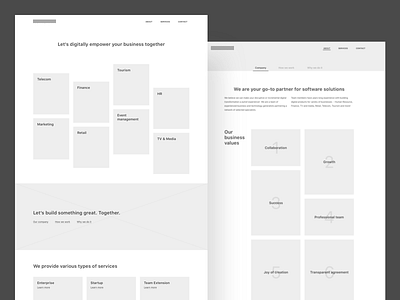 Website wireframes - Homepage & About about business company development homepage software values website wireframes
