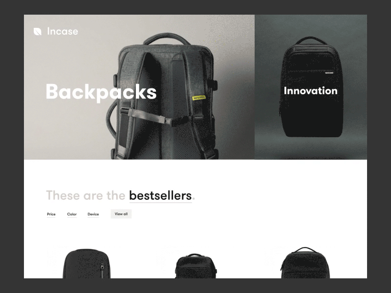 Incase Backpacks animation backpack e-commerce incase loading products purchase shop web