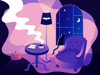 cozy black cat cozy gradient halloween illustration night time pink pumpkin purple