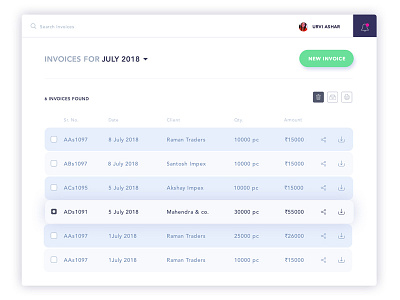 Invoice layout interactive invoice listing table ui