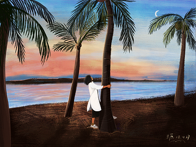 Wait for the coconut to fall design hand painted illustration