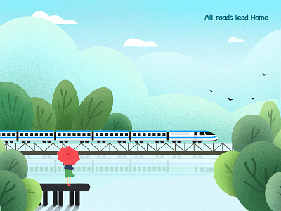 All roads lead home come back home design flat go home green illustration mountain romantic train wait 插图