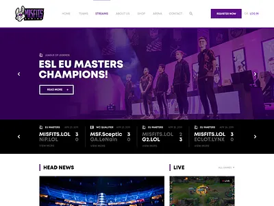 Misfits Gaming | Website Concept | Homepage concept design esport esports fortnite gaming gaming website landing page leagueoflegends lol misfits progaming pubg purple ui web webdesign