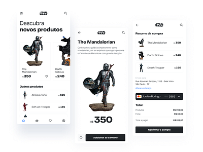 Star Wars - Toys ecommerce app design carrousel checkout checkout page ecommerce interaction interaction design interface mandalorian minimalism minimalist mobile mobile ui star wars starwars store the mandalorian toys toystore ui