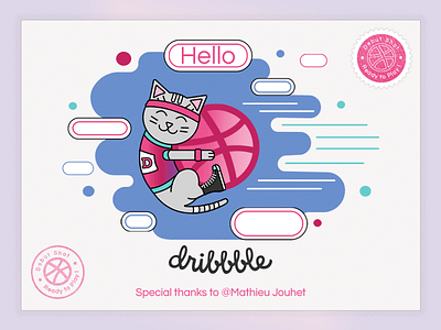 Hello Dribbble cute debut debuts debutshot design dribbbledebut dribbbleplayer firstshot illustration kitty player vector