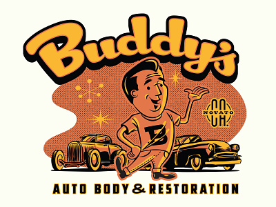 Buddy's Auto Body Identity concept 3 1950 chevrolet 1950 chevy 32 ford adobe illustrator automotive branding character character art design halftone hotrod illustration illustrator logo lowbrow typography vector