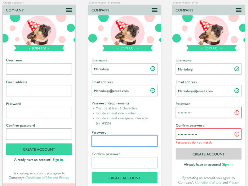mobile sign in screens form form fields validation error sign up screen sign in ui pattern mobile pattern mobile ui mobile ui