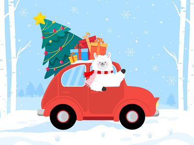 Happy New Year! beetle blue buggy car christmas dribbble illustration illustration art llama new year present winter