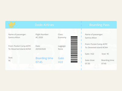 Boarding pass Dodo Airlines adobe xd animal crossing boarding pass branding dailyui dodo airlines logo ui