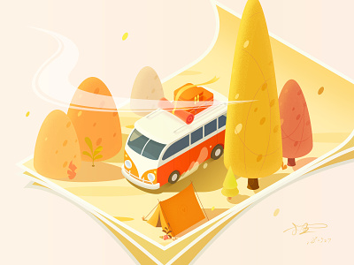 An Autumn Outing 2.5d autumn camping car illustration isometric isometry outing sunlight tour