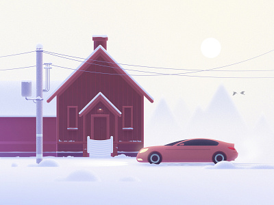 Winter Morning car cold illustration morning snow white winter wooden house