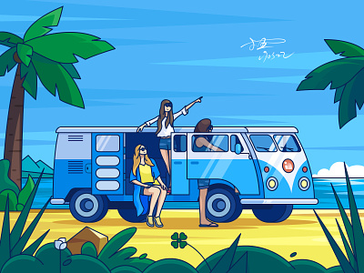 Self Driving Tour bus car coconut tree companions illustration outing sandy beach sightseeing car summer 小五