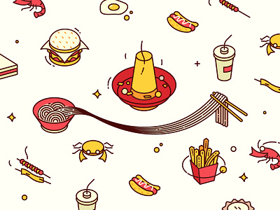 Some food breakfast crab crayfish dinner food fried eggs fries hamburger hot pot illustration isometric lunch midnight snack noodles sandwich tea with milk 小五