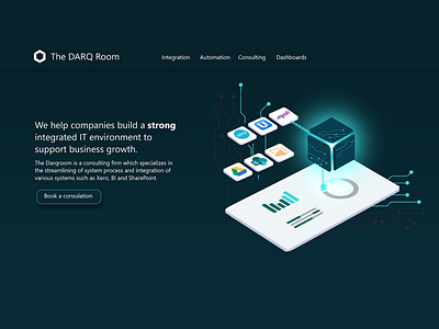 The DARQ Room Landing Page dribble automation branding circuits dark ui dark website data automation data consulting data integration design flat illustration website