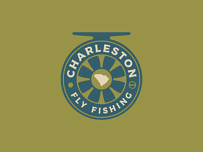 Charleston Fly Fishing badge logo brand design brand identity carolina charters fishing reel fishing rod fly fishing logo reel