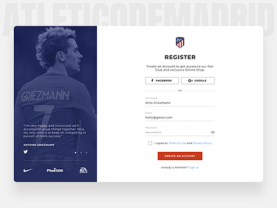 Sign Up Page (Atletico Madrid) account dailyui flat football light page redesign register sign up soccer ui ux