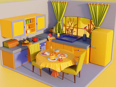 yellow kitchen 3d 3d illustration abstract belnder character colorfull cycles design flowers illustration illustrator kitchen kitchen design render sophie tsankashvili tbilisi yellow