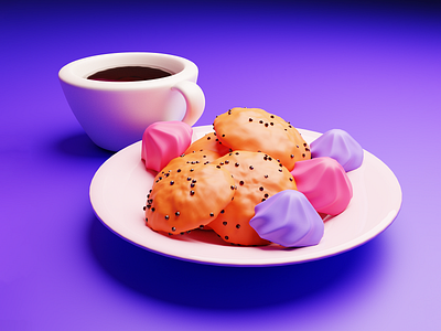 coffee and cake 3d 3d artist 3d blender 3d brackfast 3d cake 3d coffee 3d food 3d illustration cake coffee cup cup of coffee georgia georgia tbilisi graphic design modeling mood product purple tbilisi