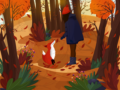 Stunning Autumn autumn fall forest fox girl illustration mood nature sophie tsankashvili vector