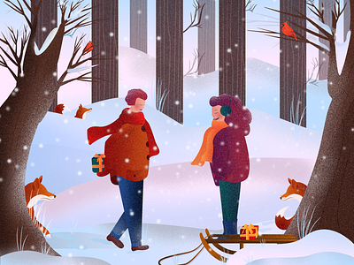 Gift christmas christmas gift couple cute forest fox gift illustration illustrator love lovers new year sladge snow tree winter