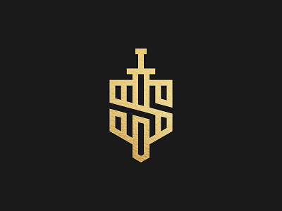 Sword & Shield alphabet branding gold icon logo minimalist modern solid symbol weapon