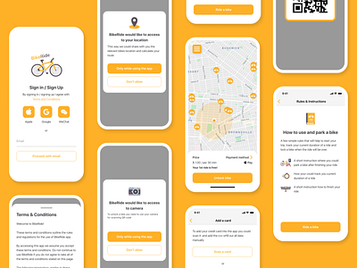 Ridebike app - Rent a bike android application bicycle bike flutter instructions ios mobile permissions qr code relax rent rental app scan sign in sign up ui ux white yellow