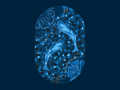 Carps in the night pond blue drawing illustration procreate ui