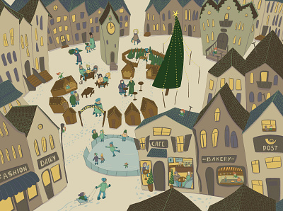Can you find all 7 dwarfs hiding around this Christmas market? board book book illustration childrens book christmas dwarf fairytale illustrated book illustration picture book procreate wimmelbuch