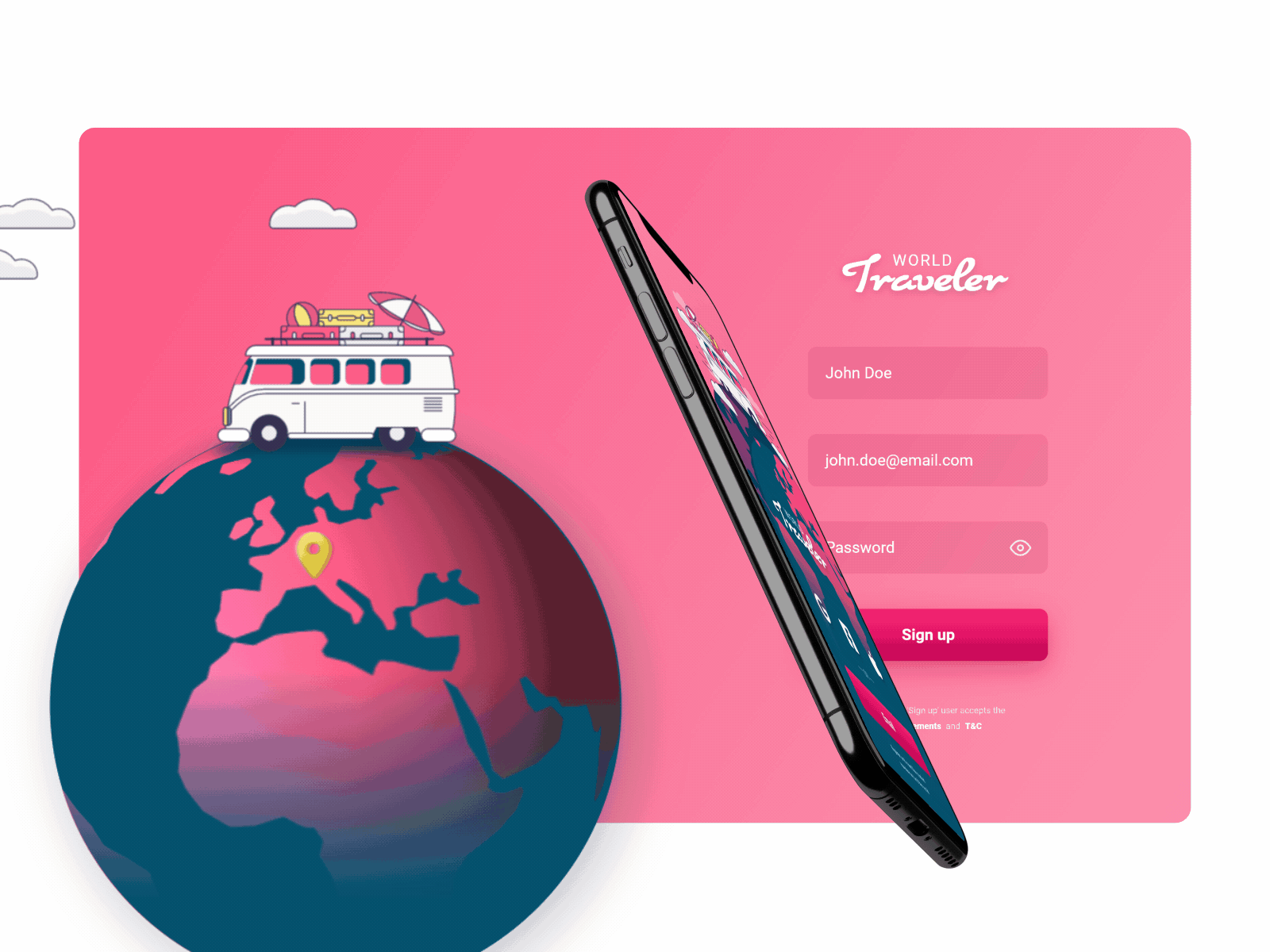 Sign up for Travel - Resposive App concept animation animation after effects app explore illustration responsive design signup travel app typography ui design uxui design vector web web design