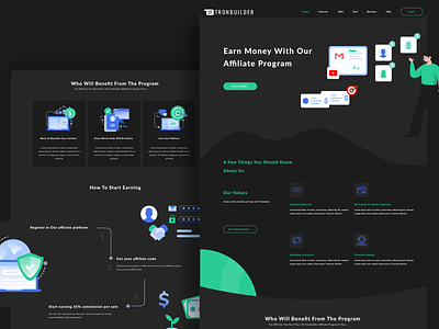 Tronbuilder Affiliate - Page affiliate black theme cards curves dark designspace features header how it works illustration smooth start earning steps ui web