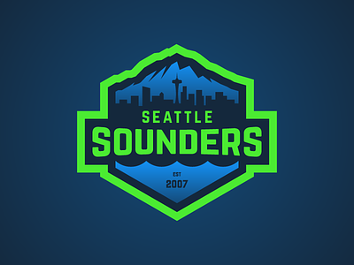 Seattle Sounders - In Progress 1 badge blue crest green mount rainier mountain seattle soccer sounders space needle sports water