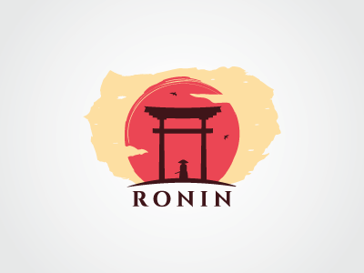Ronin Logo arch asian birds branding design gate illustration japanese katana logo mark ronin samurai silhouette sunrise sunset vector