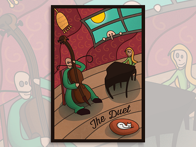 The Duet book cover cat cellist cello illustration kitty music musical pianist piano room voyeur