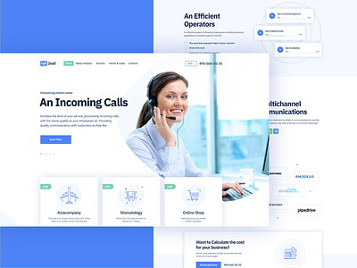 Call Center Main Page call center contact center header landing page layout light icons web website