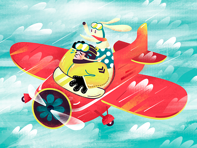 Pilots and dogs color dog figure illustration plane sky the