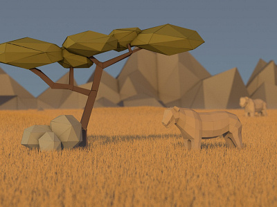 Low Poly 3D Lion in the desert 3d 3d art desert lion lions lowpoly model paper paper art paper craft papercut sahara sunset tree