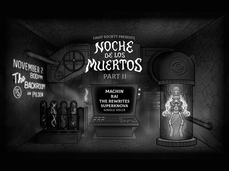 Noche de los Muertos Pt. II skeleton monster creepy mad science illustration spooky poster gig poster dia de los muertos noche de los muertos