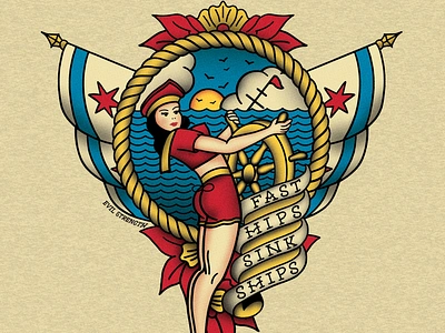 Fast Hips Sink Ships illustration nautical pinup sailor jerry vintage