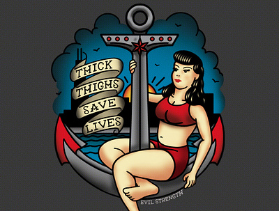 Thick Thighs Save Lives illustration nautical pinup girl sailor jerry tattoo vintage