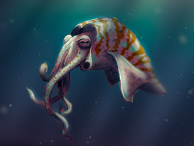 Walking squid creature happy illustration painting sea squid underwater water