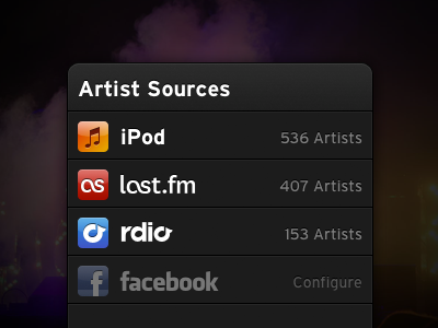 Artist Sources app facebook icons iphone ipod last.fm list rdio shows