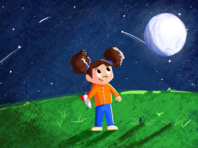 Children's Book Illustration - To the Stars book charcoal children grass illustration kid moon people procreate rocket space stars