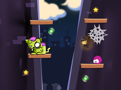 Level Design - Old Comp brains cat clouds game ios kids lantern moon stars web yarn zombie