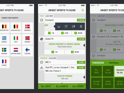 Unibet Sports TV guide - Screens app bet betting betting app clean design sports tv tv guide wireframe wireframing