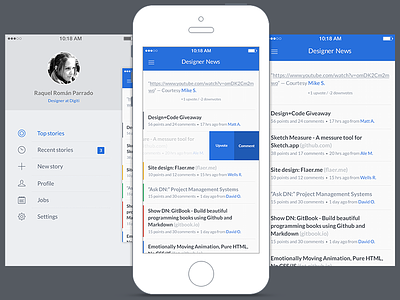 Designer News app dashboard designer free hamburger iphone layout mobile sidemenu