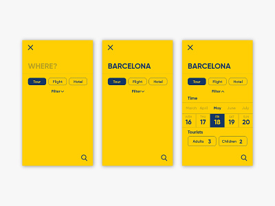 Search section of Happy Travel mobile app app application barcelona filter flights hotel mobile search tour travel ui ui ux ux