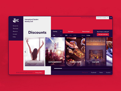 ISIC Web - Discounts Page accomodation carousel categories culture discounts entertainment food food and drink identity card international organisation red student student card ui ux youth