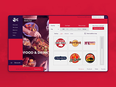 ISIC Web - Discounts Category Page (Food & Drink) bar bbq cafe category cinnabon discount drink food food and drink hard rock cafe identity card international isic organisation restaurant student student card ui ux youth